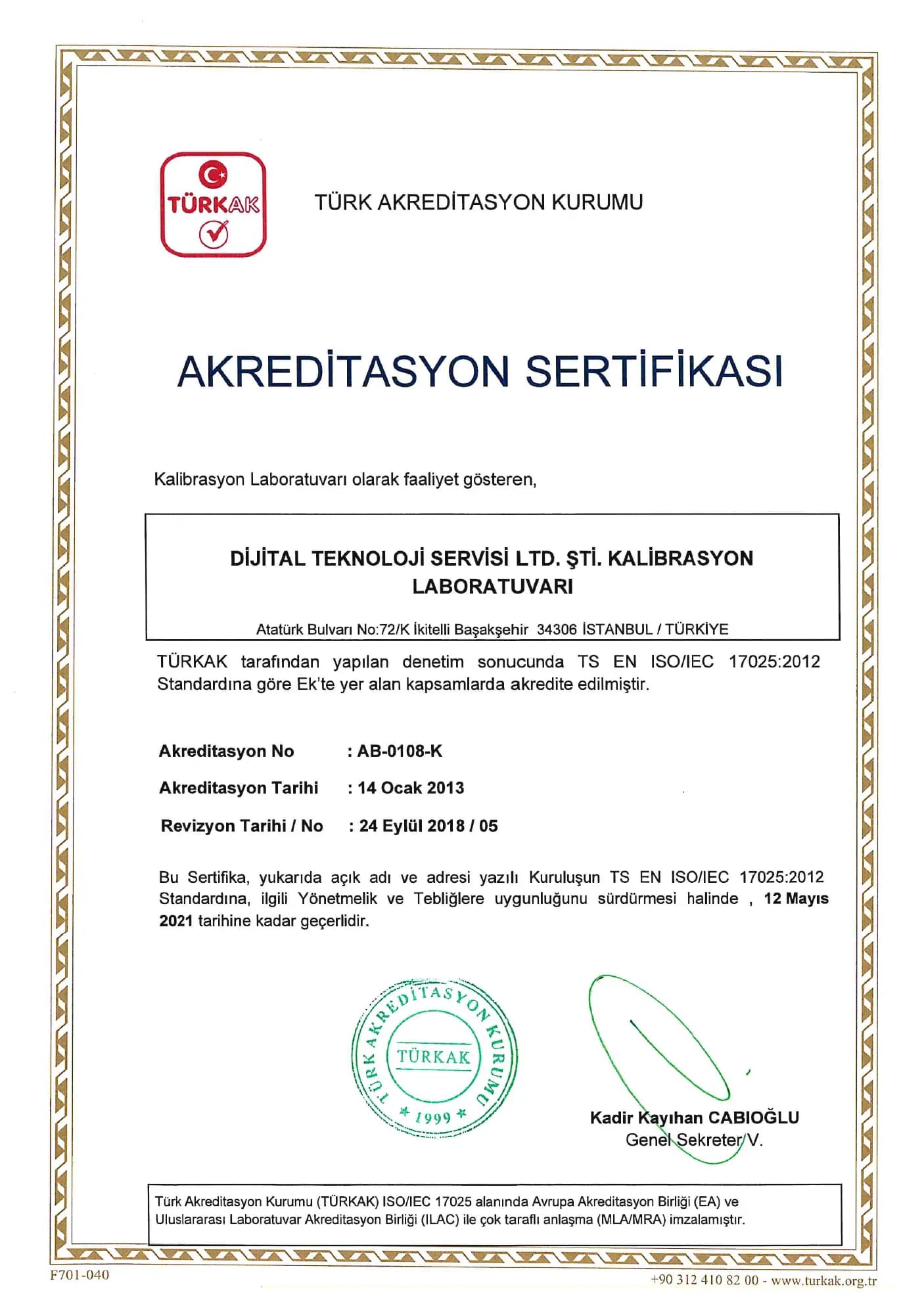 TÜRKAK Akreditasyon Sertifikası
